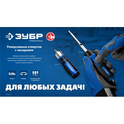 ЗУБР 6 предм., Реверсивная отвертка с насадками (25171)