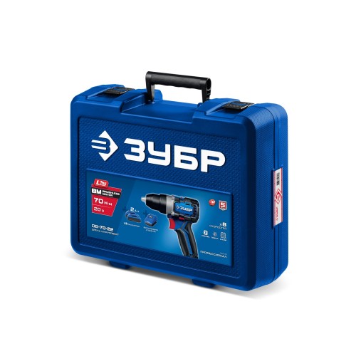 ЗУБР 20 В, 70 Н·м, 2 АКБ LMS (2 А·ч), бесщеточная дрель-шуруповерт, кейс, ПРОФЕССИОНАЛ (DB-70-22)