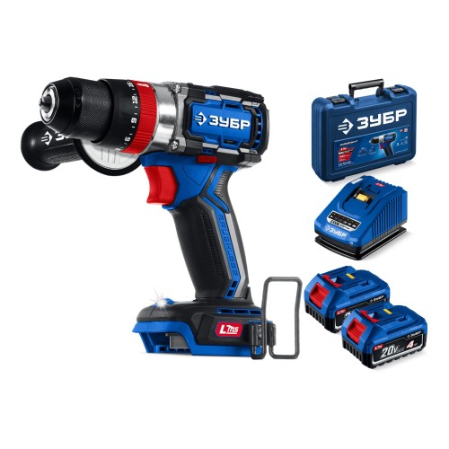 ЗУБР 20 В, 70 Н·м, 2 АКБ LMS (4 А·ч), бесщеточная ударная дрель-шуруповерт, кейс, ПРОФЕССИОНАЛ (DBS-70-42)