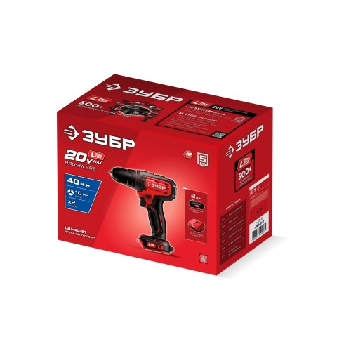 ЗУБР 20 В, 40 Н·м, 1 АКБ LMS (2 А·ч), дрель-шуруповерт (ДШ-40-21)