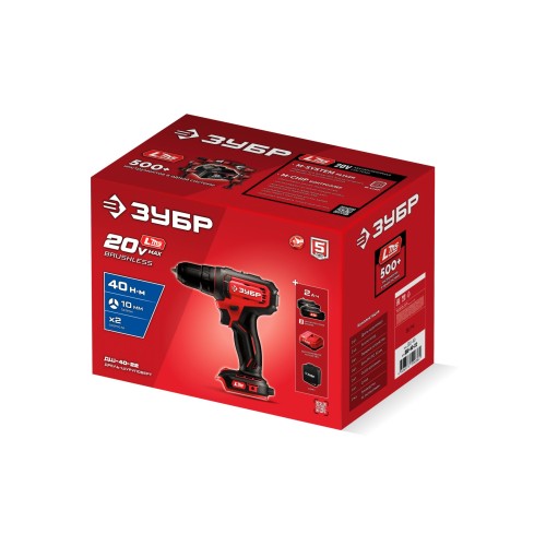 ЗУБР 20 В, 40 Н·м, 2 АКБ LMS (2 А·ч), дрель-шуруповерт, сумка (ДШ-40-22)