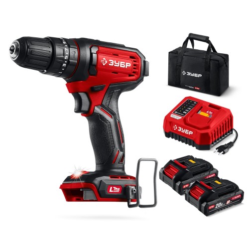 ЗУБР 20 В, 40 Н·м, 2 АКБ LMS (2 А·ч), ударная дрель-шуруповерт, сумка (ДШУ-40-22)