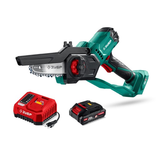 ЗУБР 20 В, 100 мм шина, 1 АКБ LMS (2 Ач), мини-пила цепная аккумуляторная (ПЦА-2010-21)