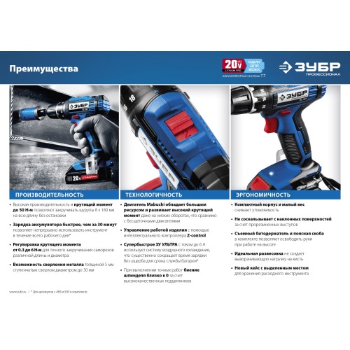 ЗУБР Т7, 20 В, 50 Н·м, без АКБ, дрель-шуруповерт, Профессионал (DL-201)