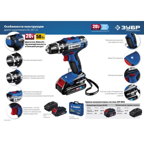 ЗУБР Т7, 20 В, 50 Н·м, без АКБ, дрель-шуруповерт, Профессионал (DL-201)