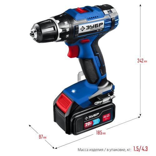ЗУБР Т7, 20 В, 50 Н·м, 2 АКБ (4 А·ч), дрель-шуруповерт, кейс, Профессионал (DL-201-42)