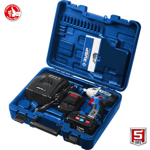 ЗУБР Т7, 20 В, 280 Н·м, 2 АКБ (4 А·ч), бесщеточный гайковерт, кейс, Профессионал (GB-250-42)