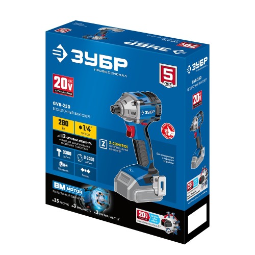 ЗУБР Т7, 20 В, 280 Н·м, без АКБ, бесщеточный винтоверт, Профессионал (GVB-250)