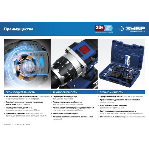ЗУБР Т7, 20 В, 100 Н·м, 2 АКБ (4 А·ч), бесщеточная дрель-шуруповерт, кейс, Профессионал (DB-211-42)