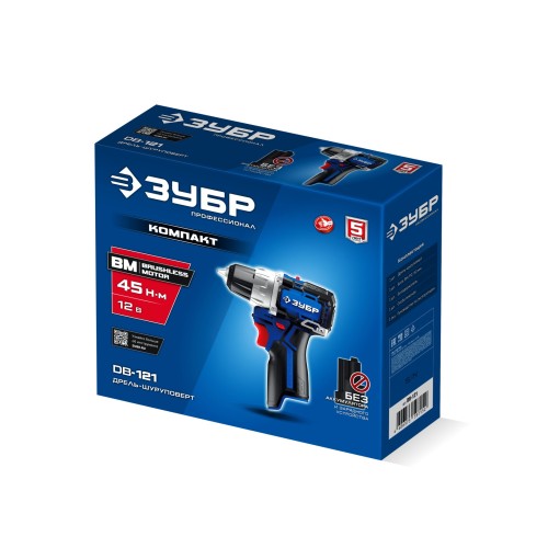 ЗУБР КОМПАКТ #1 , 12 В, 45 Н·м, без АКБ (тип Т7), дрель-шуруповерт, BRUSHLESS, Профессионал (DB-121)