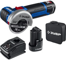 ЗУБР 12 В, d76 мм, 2 АКБ тип Т7 (2 А·ч), бесщеточная УШМ, сумка, Профессионал (AB-76-22)