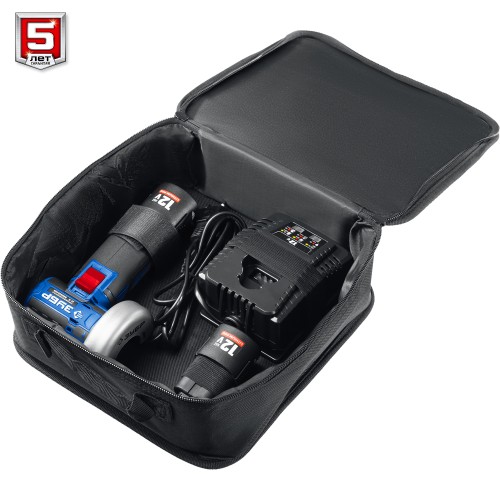 ЗУБР 12 В, d76 мм, 2 АКБ тип Т7 (2 А·ч), бесщеточная УШМ, сумка, Профессионал (AB-76-22)