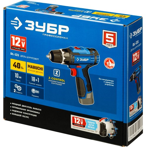 ЗУБР 12 В, 40 Н·м, без АКБ (тип Т7), дрель-шуруповерт, Профессионал (DL-121)