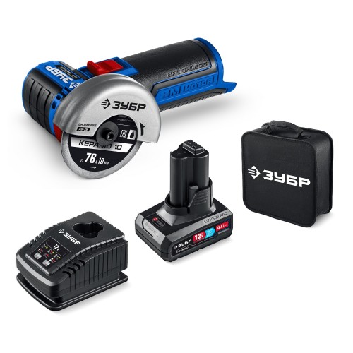ЗУБР 12 В, D76 мм, 1 АКБ тип Т7 (4 А·ч), бесщеточная УШМ, сумка, Профессионал (AB-76-41)