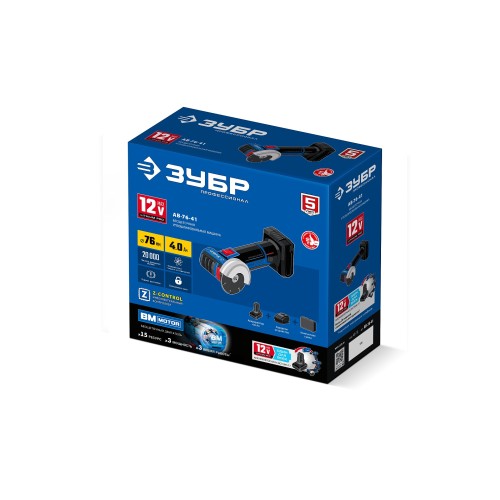 ЗУБР 12 В, D76 мм, 1 АКБ тип Т7 (4 А·ч), бесщеточная УШМ, сумка, Профессионал (AB-76-41)