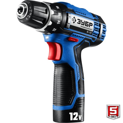 ЗУБР 12 В, 40 Н·м, 2 АКБ тип Т7 (2 А·ч), дрель-шуруповерт + LED фонарь, кейс, Профессионал (DL-121-22F)