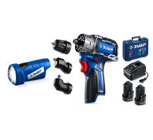 ЗУБР КОМБИ #4, набор: модульная дрель-шуруповерт + LED фонарь, BRUSHLESS, 12 В, 45 Н·м, 2 АКБ тип Т7 (2 А·ч), кейс, Профессионал (DB-125-22F)