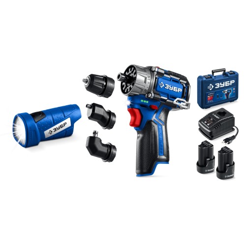 ЗУБР КОМБИ #4, набор: модульная дрель-шуруповерт + LED фонарь, BRUSHLESS, 12 В, 45 Н·м, 2 АКБ тип Т7 (2 А·ч), кейс, Профессионал (DB-125-22F)
