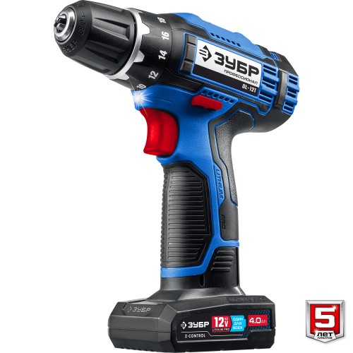 ЗУБР 12 В, 40 Н·м, 2 АКБ тип Т7 (4 А·ч), дрель-шуруповерт, сумка, Профессионал (DL-121-42)