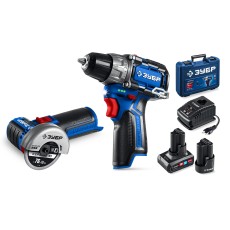 ЗУБР КОМПАКТ #5, набор: дрель-шуруповерт + мини УШМ + LED фонарь, BRUSHLESS, 12 В, 45 Н·м, 2 АКБ тип Т7 (4 и 2 А·ч), кейс, Профессионал (DB-121-42AB)