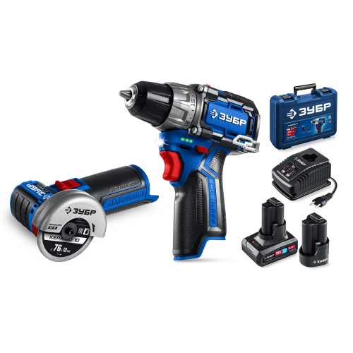 ЗУБР КОМПАКТ #5, набор: дрель-шуруповерт + мини УШМ + LED фонарь, BRUSHLESS, 12 В, 45 Н·м, 2 АКБ тип Т7 (4 и 2 А·ч), кейс, Профессионал (DB-121-42AB)