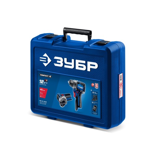ЗУБР КОМПАКТ #5, набор: дрель-шуруповерт + мини УШМ + LED фонарь, BRUSHLESS, 12 В, 45 Н·м, 2 АКБ тип Т7 (4 и 2 А·ч), кейс, Профессионал (DB-121-42AB)
