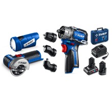 ЗУБР КОМБИ #5 набор: дрель-шуруповерт + мини УШМ + LED фонарь, BRUSHLESS, 12 В, 45 Н·м, 2 АКБ тип Т7 (4 и 2 А·ч), кейс, Профессионал (DB-125-42ABF)