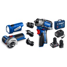 ЗУБР КОМБИ #5 набор: дрель-шуруповерт + мини УШМ + LED фонарь, BRUSHLESS, 12 В, 45 Н·м, 2 АКБ тип Т7 (4 и 2 А·ч), кейс, Профессионал (DB-125-42ABF)