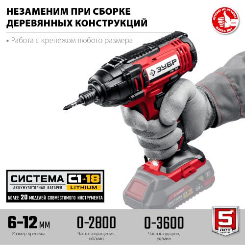 ЗУБР С1-18, 18 В, 250 Н·м, без АКБ, винтоверт ударный (ГВЛ-255)