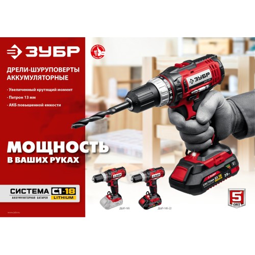 ЗУБР С1-18, 18 В, 40 Н·м, 2 АКБ (2 А·ч), дрель-шуруповерт, кейс (ДШЛ-185-22)