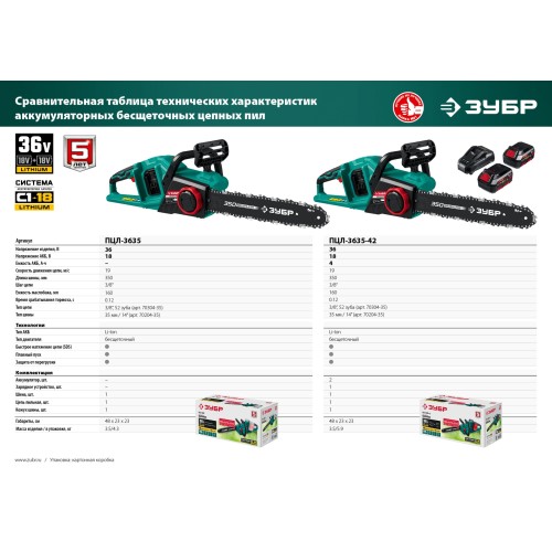 ЗУБР С1-18, 36 В, 35 см шина, 2х18 В АКБ (4 А·ч), бесщеточная цепная пила (ПЦЛ-3635-42)