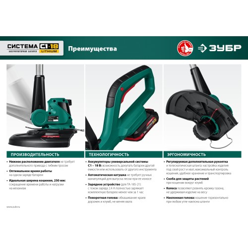 ЗУБР С1-18, 18 В, 25 см, 1 АКБ (2 А·ч), аккумуляторный триммер (ТА-185-21)
