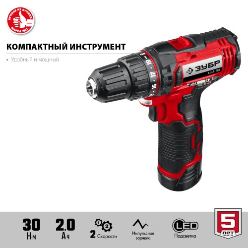 ЗУБР С1-12, 12 В, 30 Н·м, 1 АКБ (2 А·ч), дрель-шуруповерт (ДШЛ-125-21)