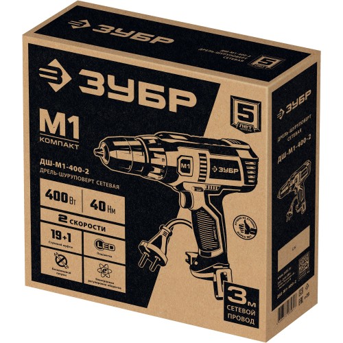 ЗУБР 400 Вт, 40 Н·м, сетевая дрель-шуруповерт (ДШ-М1-400-2)