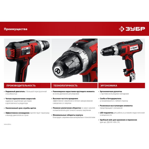 ЗУБР 400 Вт, 40 Н·м, сетевая дрель-шуруповерт (ДШ-М1-400-2)