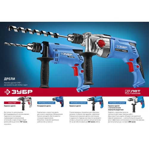 ЗУБР 1100 Вт, 13 мм, 2 скорости, ударная дрель, мет. корпус, кейс, Профессионал (ЗДУ-1100 ЭРМКМ2)