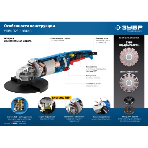 ЗУБР 2600 Вт, d230 мм, УШМ, Профессионал (УШМ-П230-2600 П)