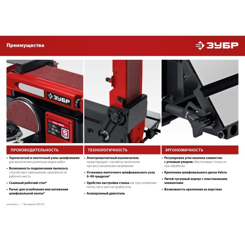 ЗУБР d 150 мм, 100 х 914 мм лента, 550 Вт, тарельчато - ленточный шлифовальный станок (СШЛ-550)