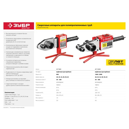 ЗУБР 2000 / 1000 Вт, паяльник для полипропиленовых труб, 6 насадок в комплекте (АСТ-2000)