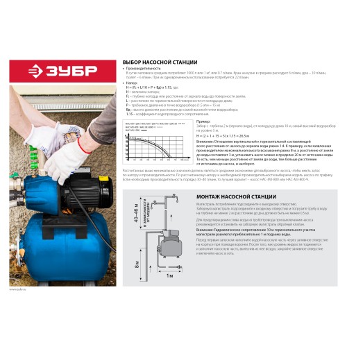 ЗУБР 1200 Вт, бак 50 л, автоматическая насосная станция (НАС-М3-1200-50)