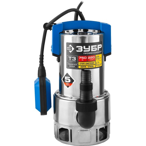 ЗУБР 750 Вт, дренажный насос для грязной воды, корпус - нерж. сталь, Профессионал (НПГ-Т3-750-С)
