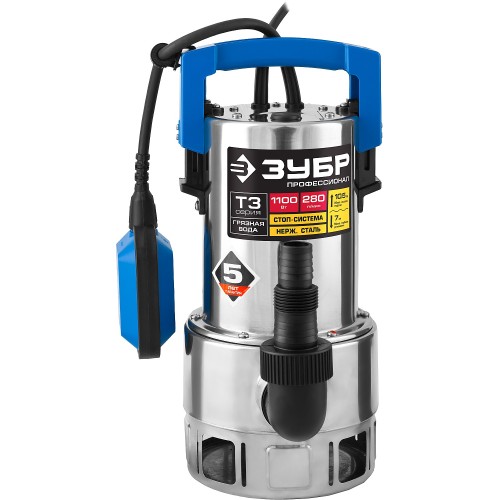 ЗУБР 1100 Вт, дренажный насос для грязной воды, корпус - нерж. сталь, Профессионал (НПГ-Т3-1100-С)