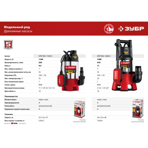 ЗУБР 1400 Вт, дренажный насос для грязной воды, корпус - нерж. сталь (НПГ-М3-1400-С)