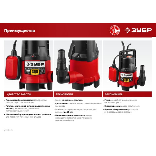 ЗУБР 750 Вт, дренажный насос для грязной воды (НПГ-М1-750)