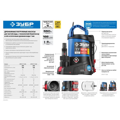 ЗУБР АкваСенсор 550 Вт, Дренажный насос с минимальным уровнем откачки, Профессионал (НПЧ-Т7-550)