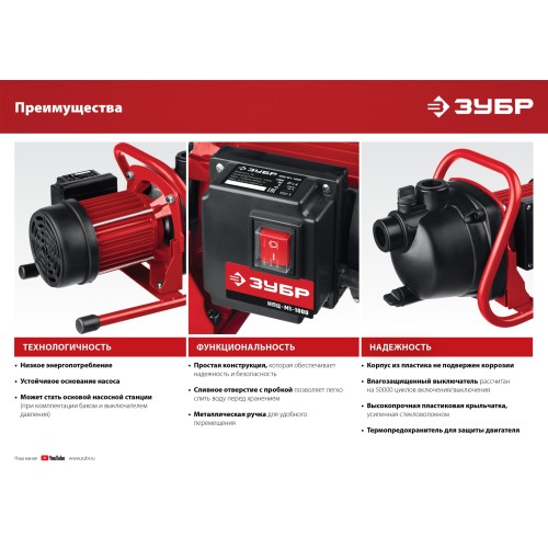ЗУБР 800 Вт, поверхностный (садовый) центробежный насос (НПЦ-М1-800)