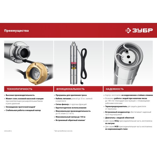 ЗУБР 1000 Вт, 80 м напор, скважинный центробежный насос, корпус из нержавеющей стали (НСЦ-75-80)