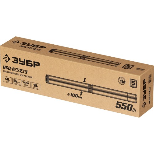 ЗУБР 550 Вт, 40 м напор, скважинный центробежный насос, корпус из нержавеющей стали (НСЦ-100-40)