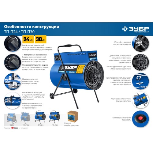 ЗУБР 9 кВт, электрическая тепловая пушка, Профессионал (ТП-П9)