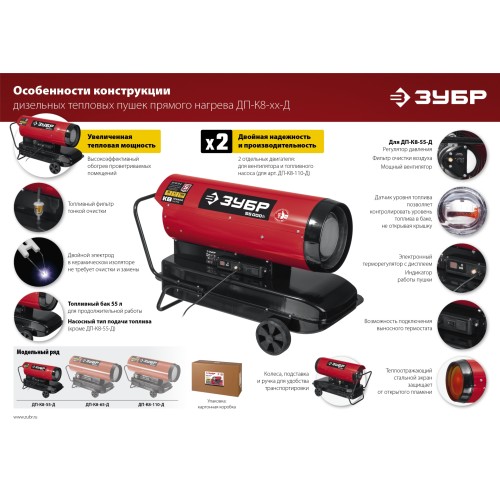ЗУБР 55 кВт, дизельная тепловая пушка, прямой нагрев (ДП-К8-55-Д)